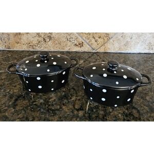 Temptations Polka Dot Black Oval Set Of 2 12oz Bakeware Lids Handles